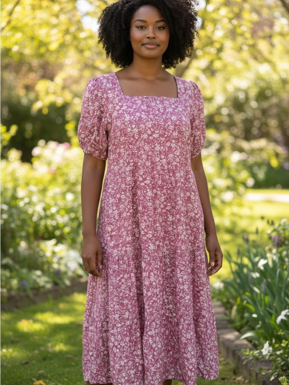 Square-Neck Floral Maxi Dress in Mauve Pink